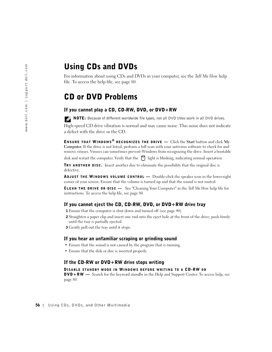 Using cds and dvds, Cd or dvd problems, If you cannot play a cd, cd-rw, dvd, or dvd+rw | If the cd-rw or dvd+rw drive stops writing | Dell Inspiron 5100 User Manual | Page 56 / 160