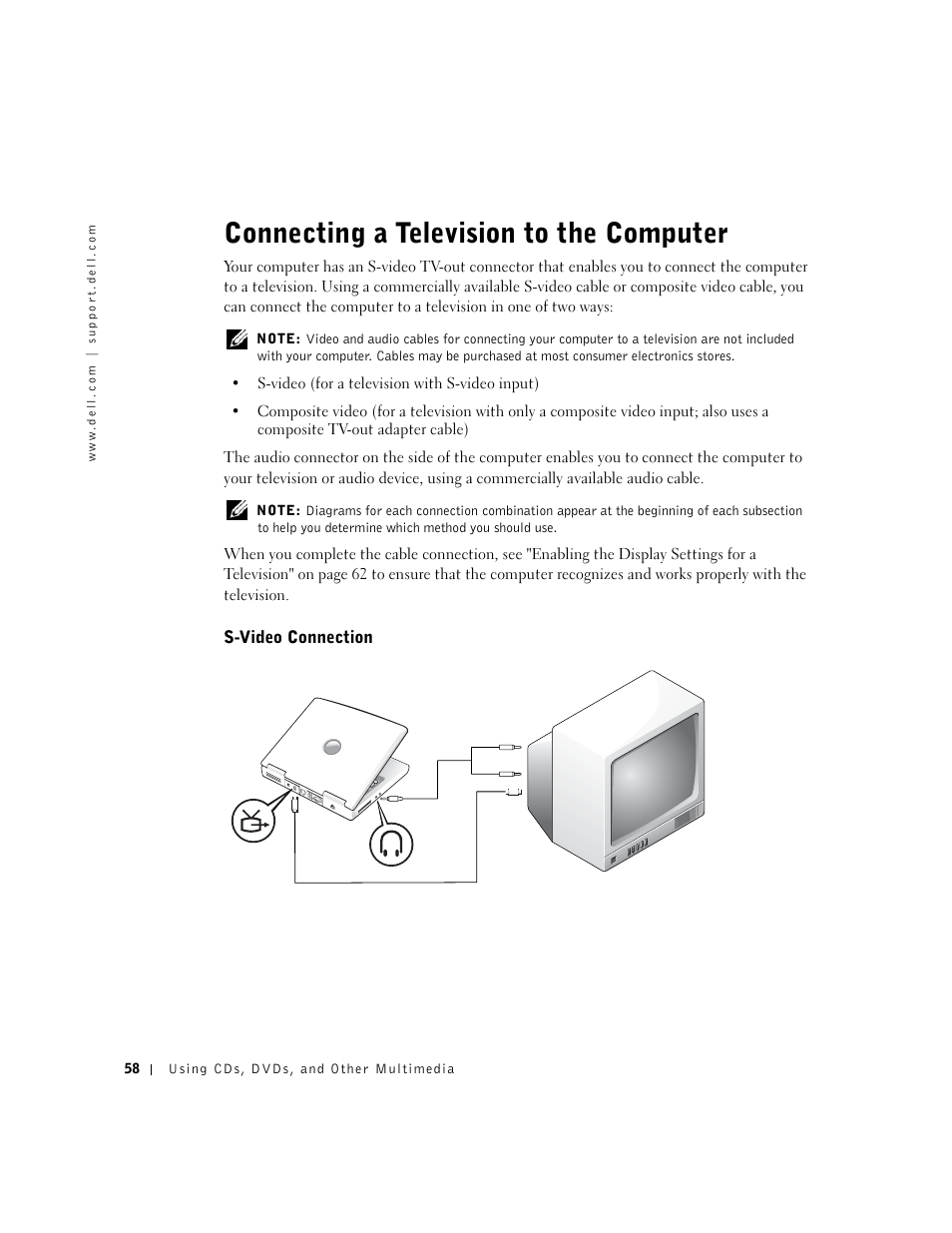 Connecting a television to the computer, S-video connection | Dell Inspiron 5100 User Manual | Page 58 / 160