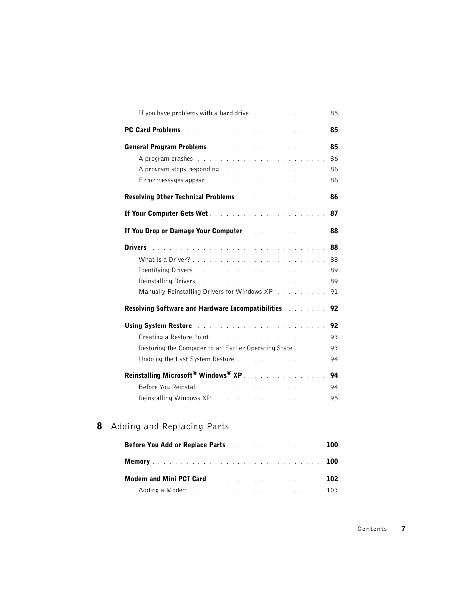 8 adding and replacing parts | Dell Inspiron 5100 User Manual | Page 7 / 160