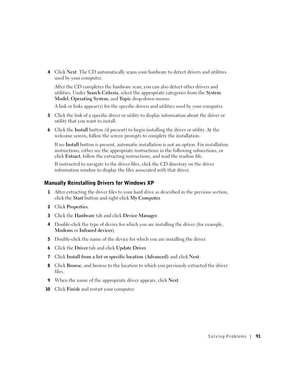 Manually reinstalling drivers for windows xp | Dell Inspiron 5100 User Manual | Page 91 / 160
