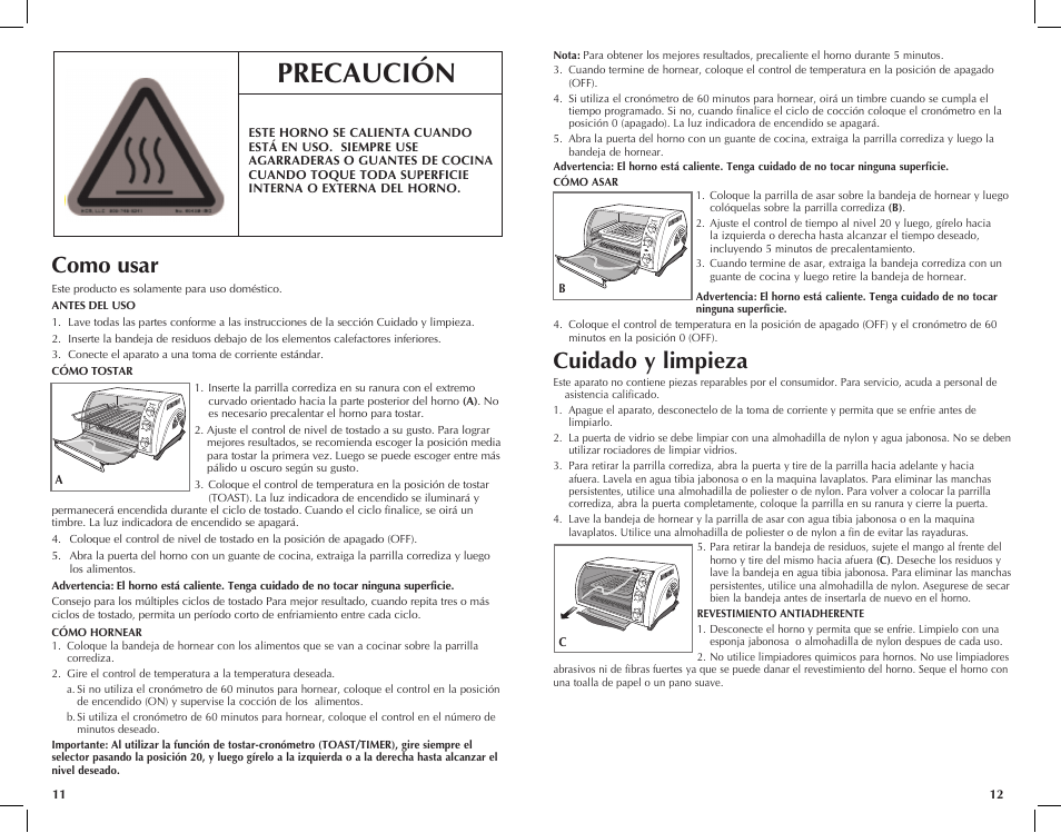 Precaución, Como usar, Cuidado y limpieza | Black & Decker TOASTER-R-OVEN CTO649 User Manual | Page 7 / 15