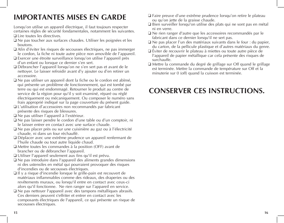 Importantes mises en garde, Conserver ces instructions | Black & Decker TOASTER-R-OVEN CTO649 User Manual | Page 9 / 15