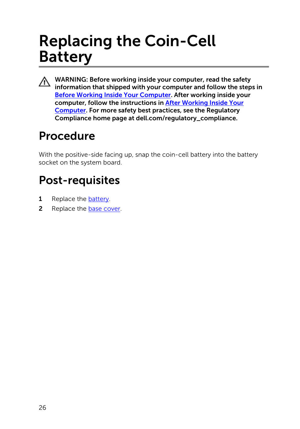 Replacing the coin-cell battery, Procedure, Post-requisites | Dell Inspiron 13 (7347, Mid 2014) User Manual | Page 26 / 92