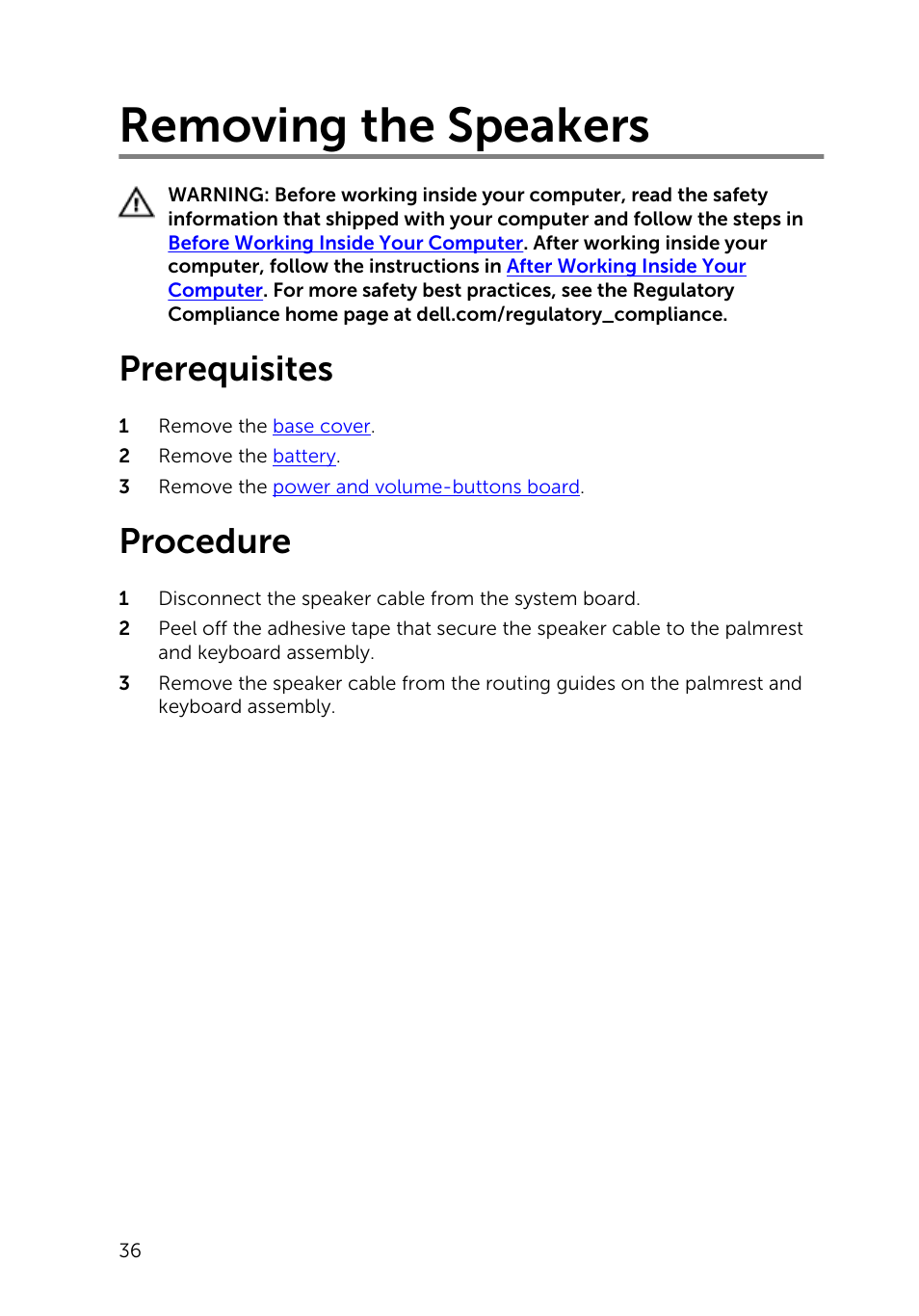 Removing the speakers, Prerequisites, Procedure | Dell Inspiron 13 (7347, Mid 2014) User Manual | Page 36 / 92