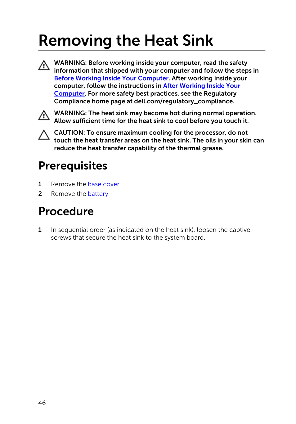 Removing the heat sink, Prerequisites, Procedure | Dell Inspiron 13 (7347, Mid 2014) User Manual | Page 46 / 92