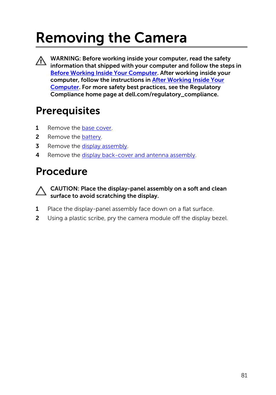 Removing the camera, Prerequisites, Procedure | Dell Inspiron 13 (7347, Mid 2014) User Manual | Page 81 / 92
