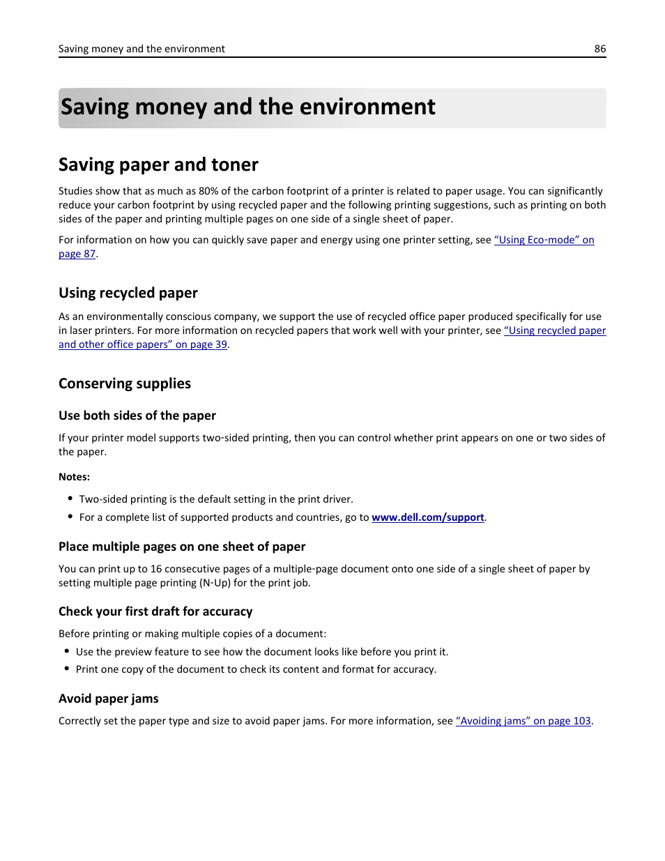 Saving money and the environment, Saving paper and toner, Using recycled paper | Conserving supplies | Dell B3460dn Mono Laser Printer User Manual | Page 86 / 165