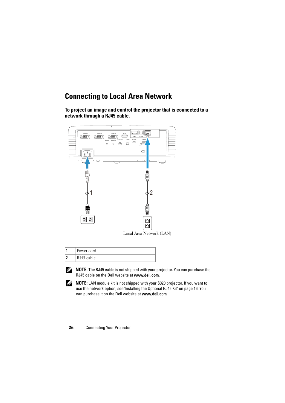 Connecting to local area network, Connected to a network through a rj45 cable | Dell S320wi Projector User Manual | Page 26 / 152