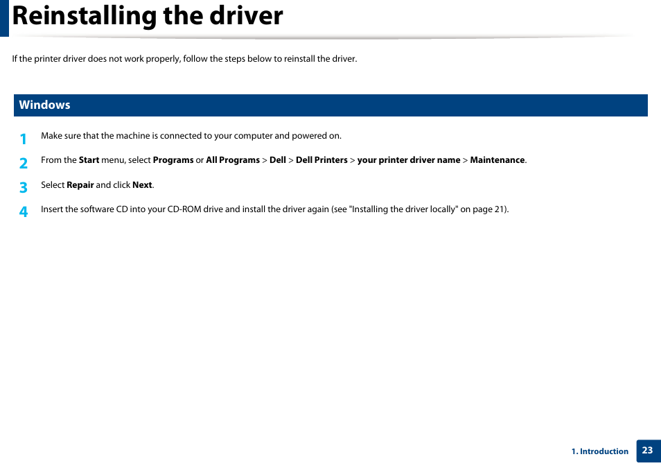 Reinstalling the driver | Dell B1265dnf Mono Laser Printer MFP User Manual | Page 23 / 234