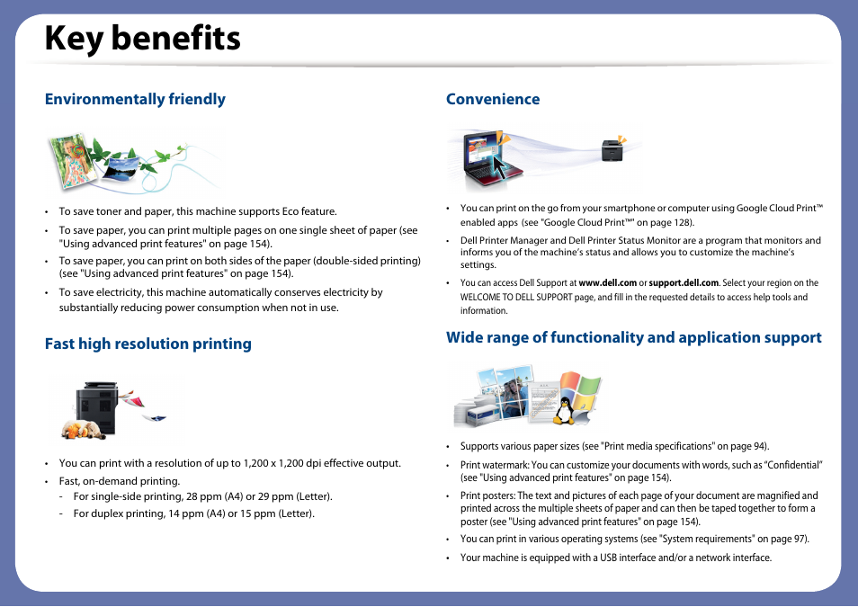 Key benefits, Environmentally friendly, Fast high resolution printing | Convenience | Dell B1265dnf Mono Laser Printer MFP User Manual | Page 5 / 234