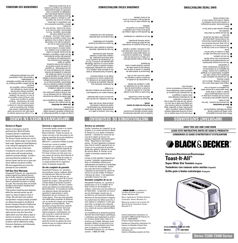 Black & Decker T2200-T2450 User Manual | 7 pages