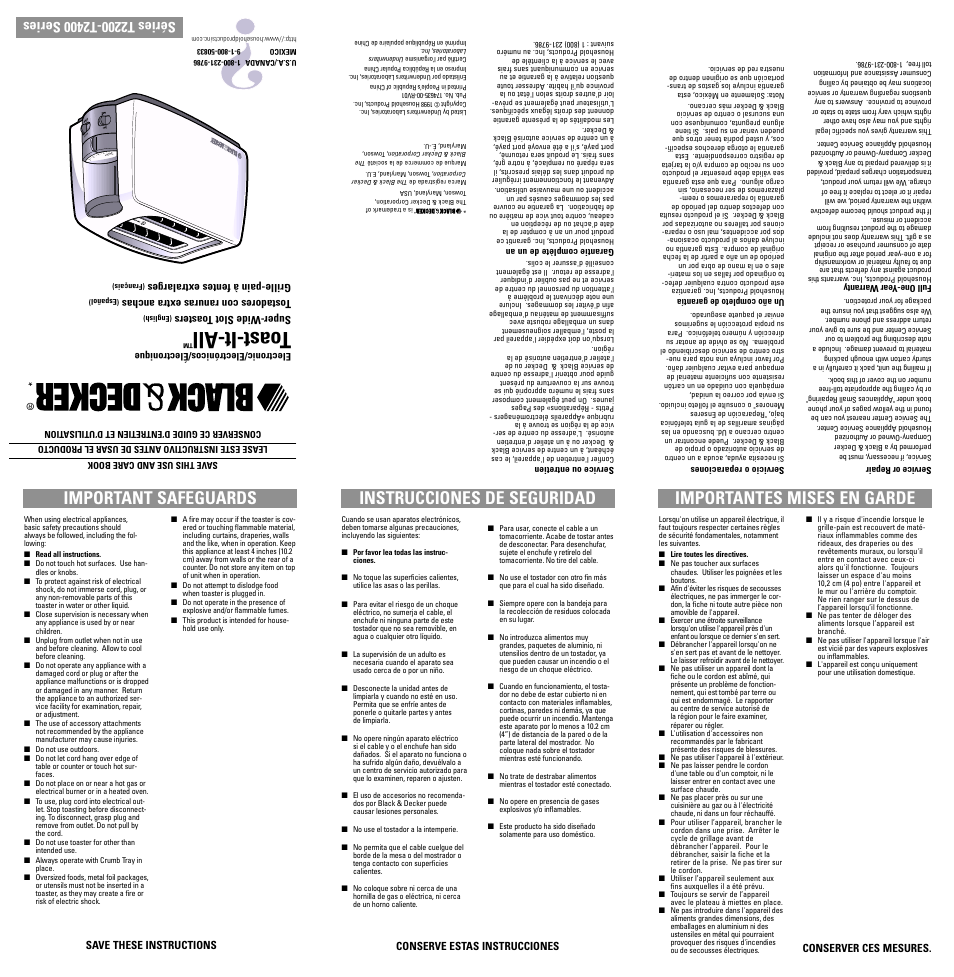 Safegaurds, Toast-it-all | Black & Decker T2200-T2450 User Manual | Page 2 / 7