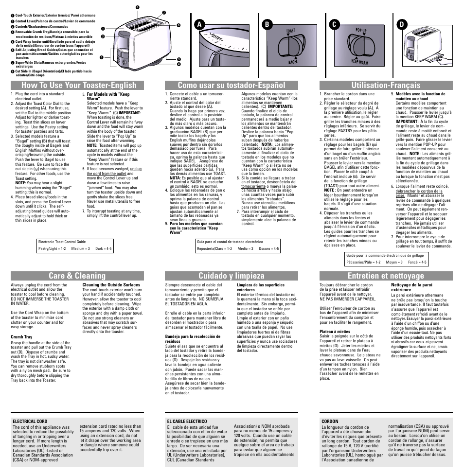 How to use, Care & cleaning, Como usar | Cuidado y limpieza, Utilisation, Entretien et nettoyage, How to use your toaster-english, Astr y | Black & Decker T2200-T2450 User Manual | Page 7 / 7