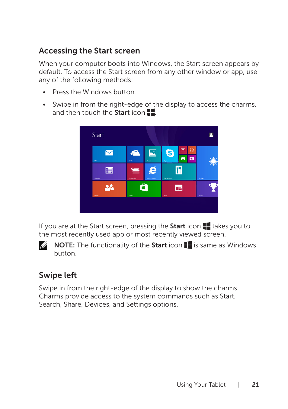Accessing the start screen, Swipe left | Dell Venue 8 Pro (3845, Late 2014) User Manual | Page 21 / 39