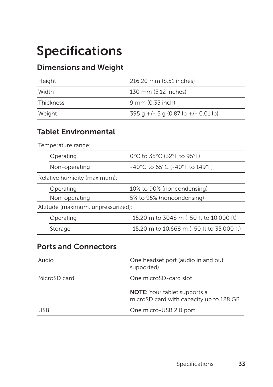 Specifications, Dimensions and weight, Tablet environmental | Ports and connectors | Dell Venue 8 Pro (3845, Late 2014) User Manual | Page 33 / 39