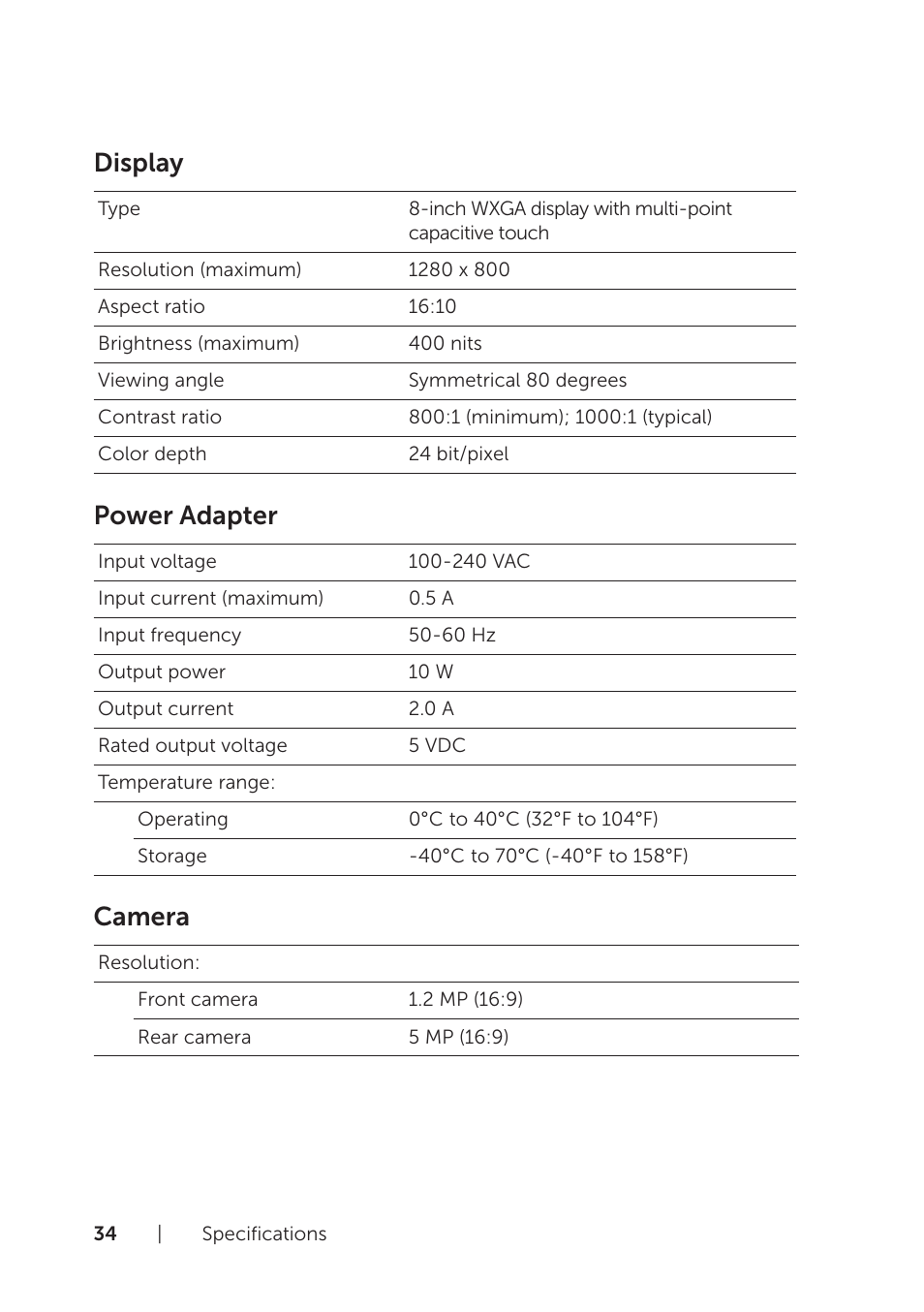 Display, Power adapter, Camera | Dell Venue 8 Pro (3845, Late 2014) User Manual | Page 34 / 39