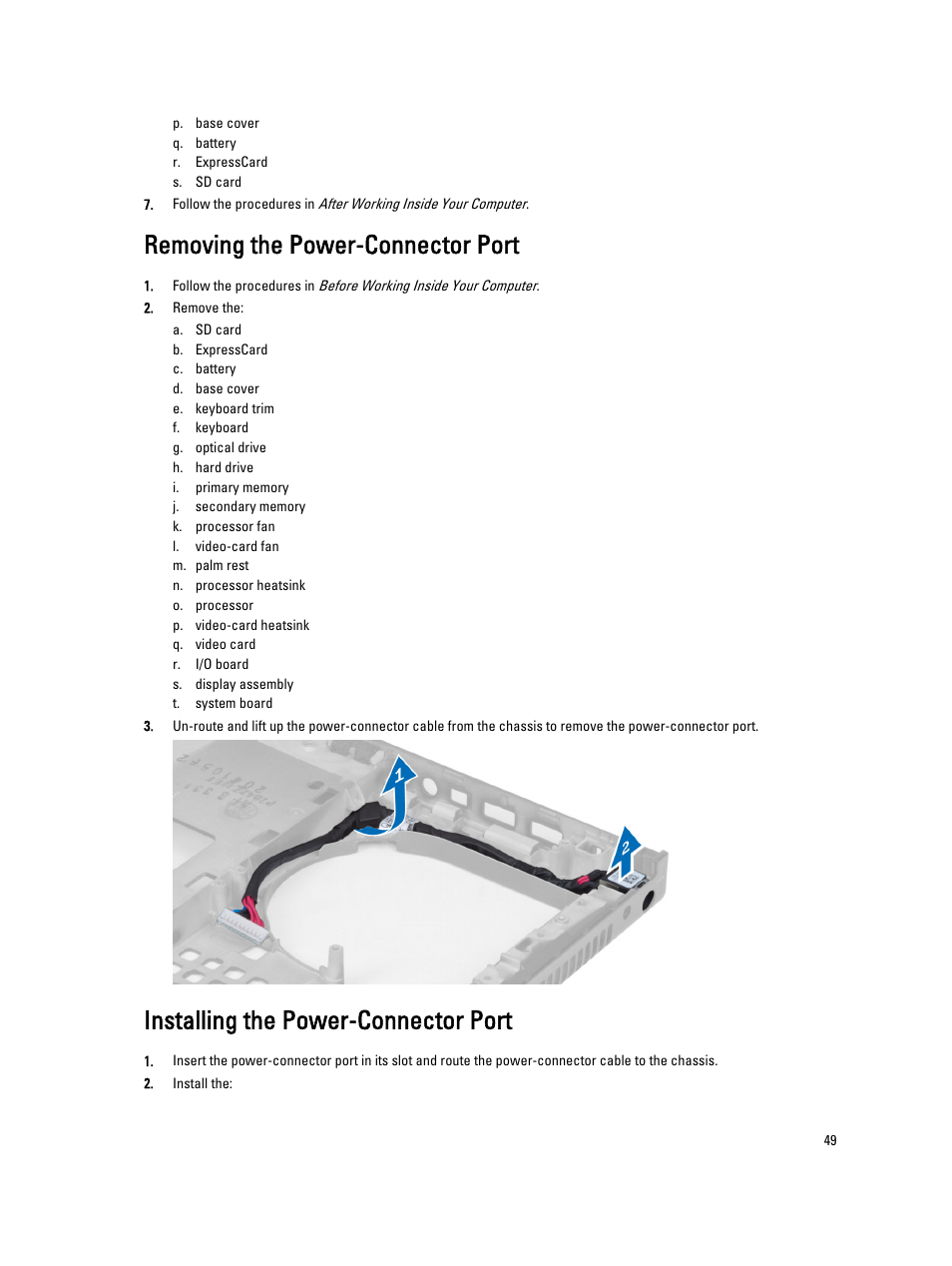 Removing the power-connector port, Installing the power-connector port | Dell Precision M4700 (Mid 2012) User Manual | Page 49 / 83