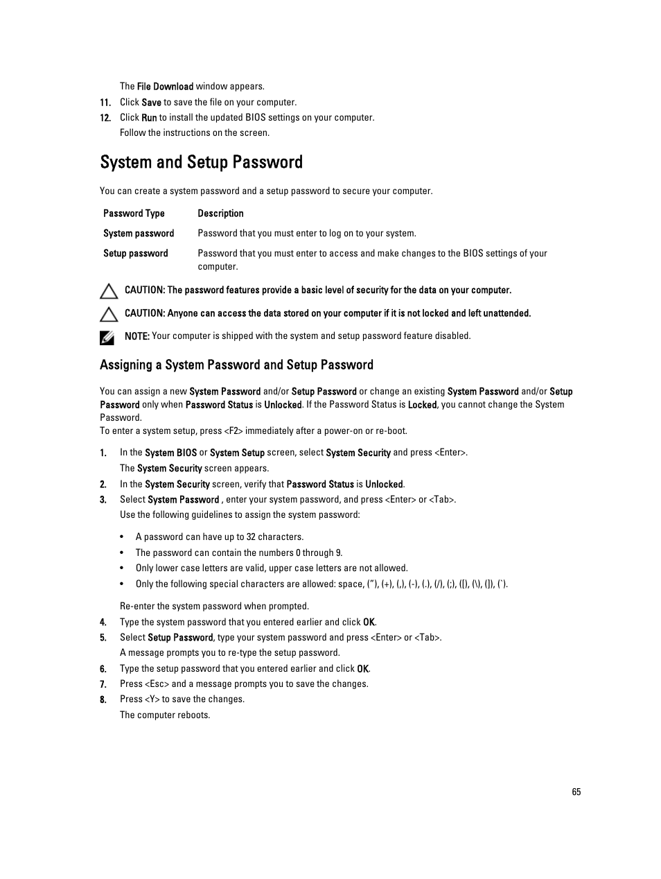 System and setup password, Assigning a system password and setup password | Dell Precision M4700 (Mid 2012) User Manual | Page 65 / 83