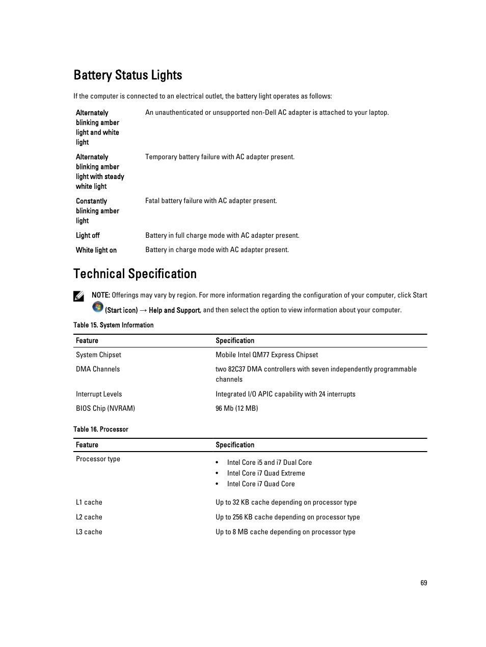 Battery status lights, Technical specification | Dell Precision M4700 (Mid 2012) User Manual | Page 69 / 83