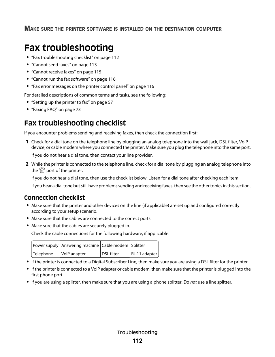Fax troubleshooting, Fax troubleshooting checklist | Dell V515w All In One Wireless Inkjet Printer User Manual | Page 112 / 141
