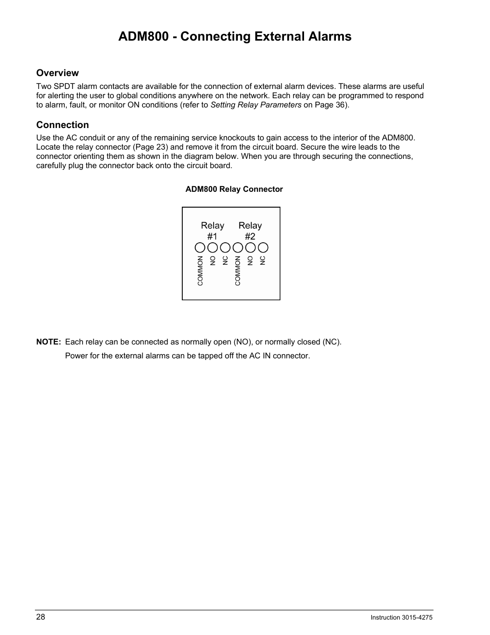 Adm800 - connecting external alarms, Overview, Connection | Adm800, Onnecting, Xternal, Larms | Bacharach AGM300 User Manual | Page 36 / 94