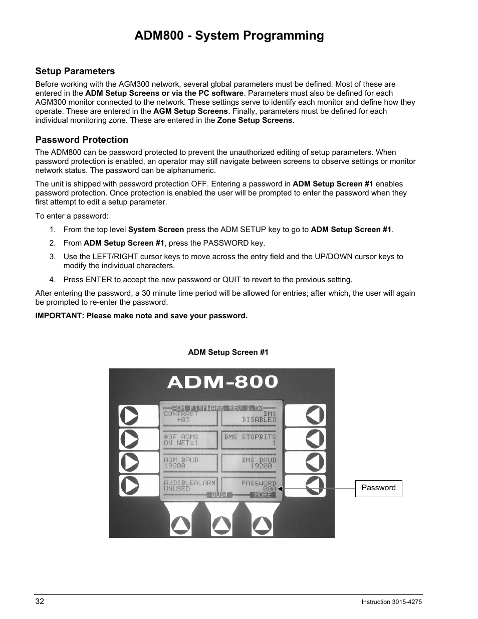Adm800 - system programming, Setup parameters, Password protection | Adm800, Ystem, Rogramming | Bacharach AGM300 User Manual | Page 40 / 94
