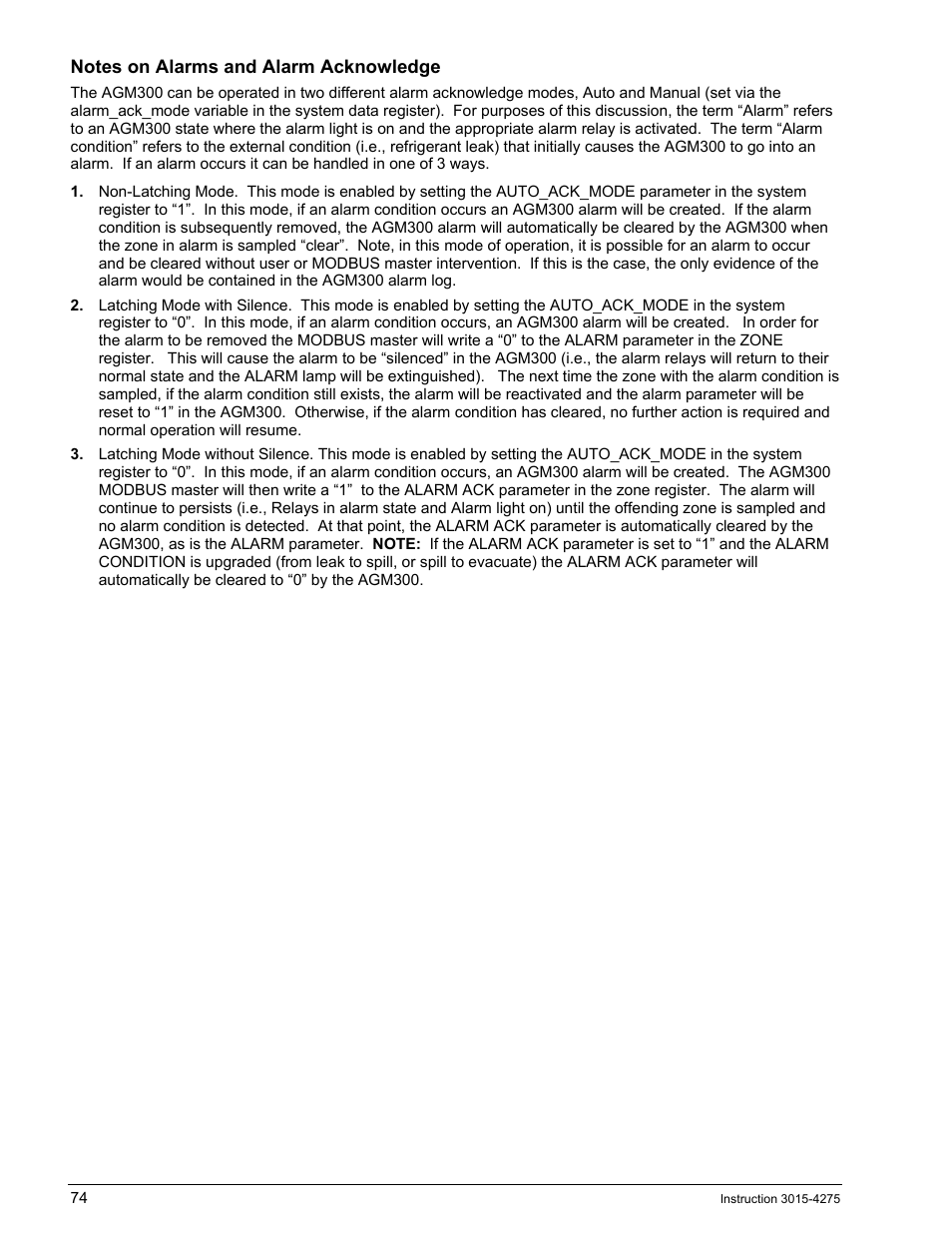 Notes on alarms and alarm acknowledge | Bacharach AGM300 User Manual | Page 82 / 94