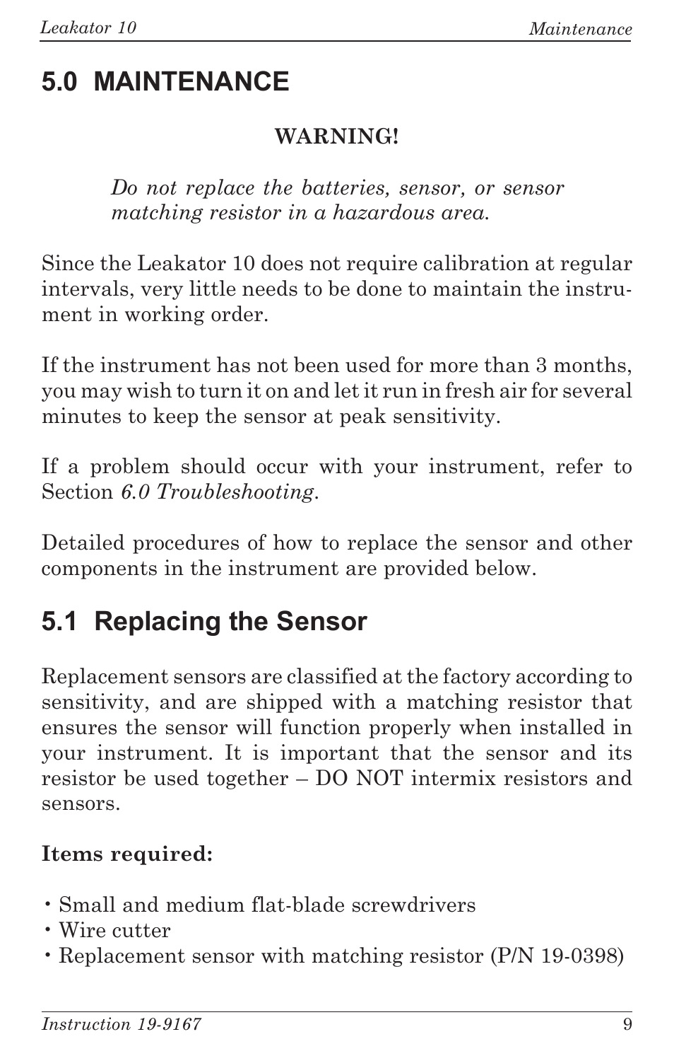 0 maintenance, 1 replacing the sensor | Bacharach Leakator 10 User Manual | Page 13 / 24