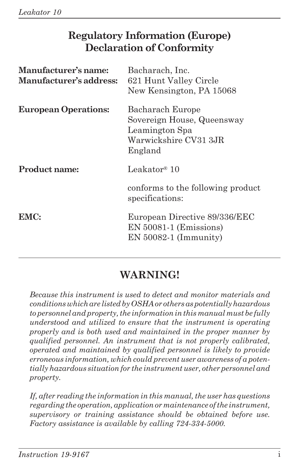 Warning | Bacharach Leakator 10 User Manual | Page 3 / 24