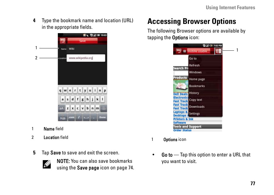 Accessing browser options | Dell MINI 3IX User Manual | Page 79 / 145