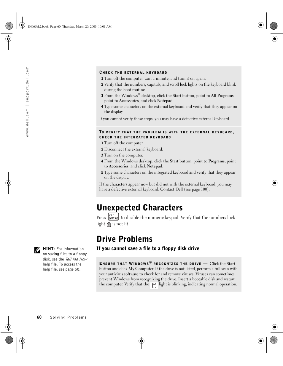 Unexpected characters, Drive problems, If you cannot save a file to a floppy disk drive | Dell INSPIRON 2600 User Manual | Page 60 / 134