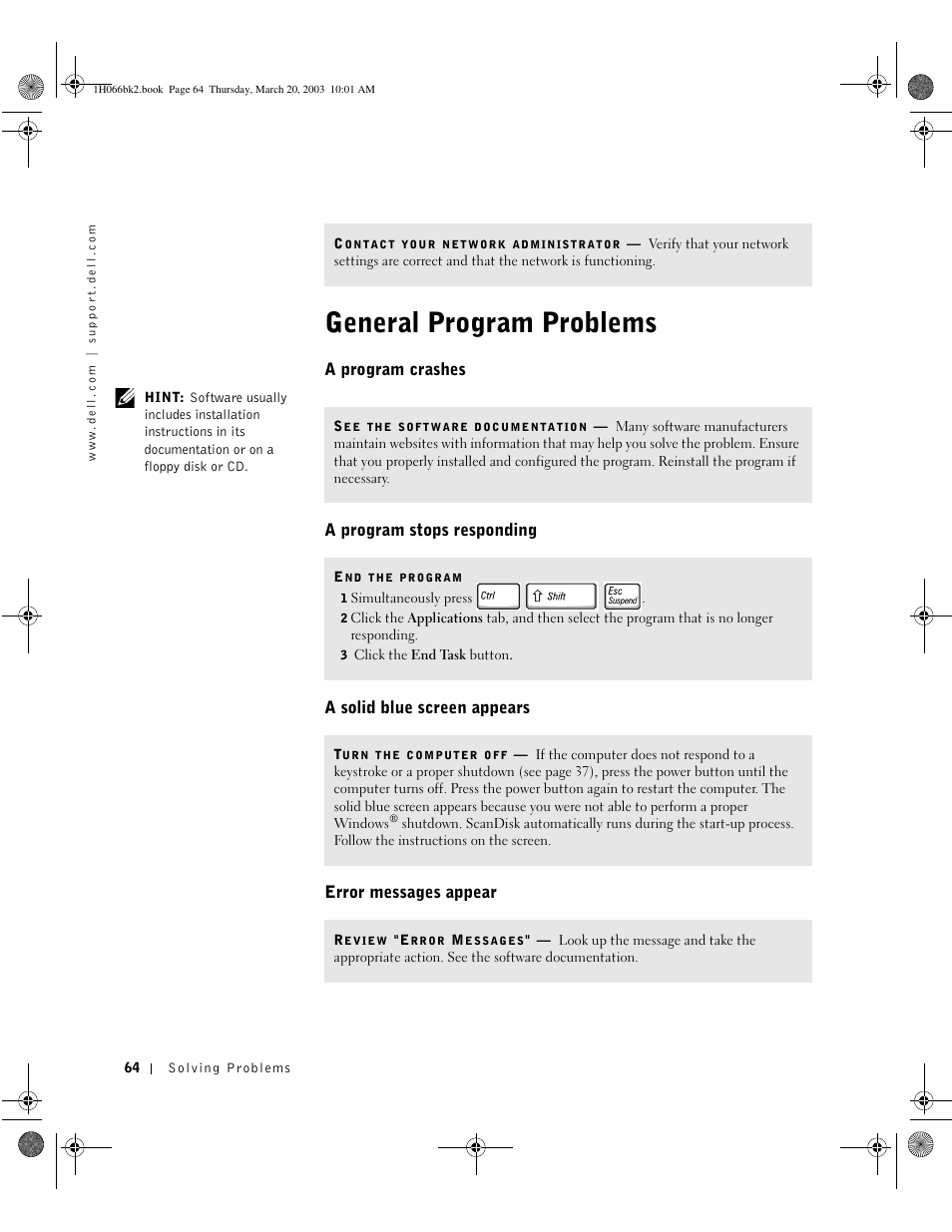General program problems, A program crashes, A program stops responding | A solid blue screen appears, Error messages appear | Dell INSPIRON 2600 User Manual | Page 64 / 134