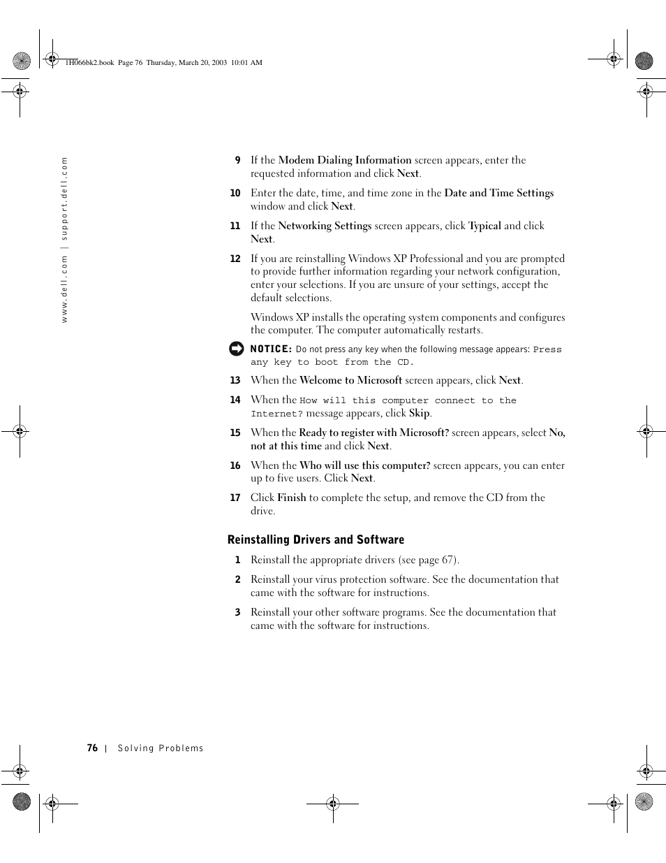 Reinstalling drivers and software | Dell INSPIRON 2600 User Manual | Page 76 / 134