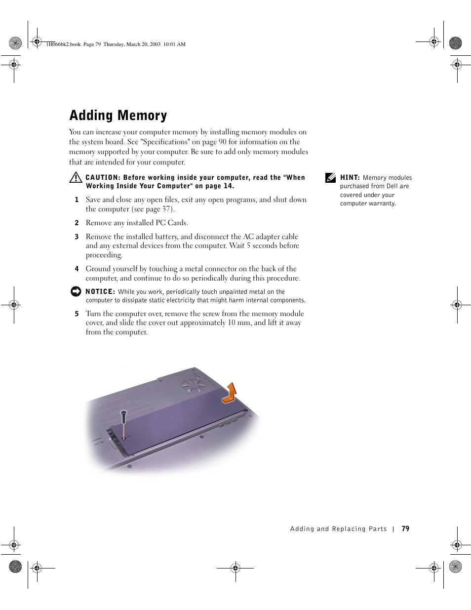 Adding memory | Dell INSPIRON 2600 User Manual | Page 79 / 134