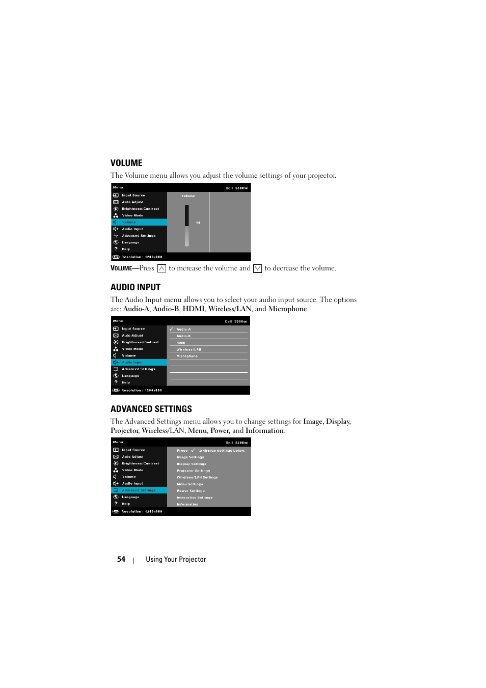 Volume, Audio input, Advanced settings | Dell S500 Projector User Manual | Page 54 / 132