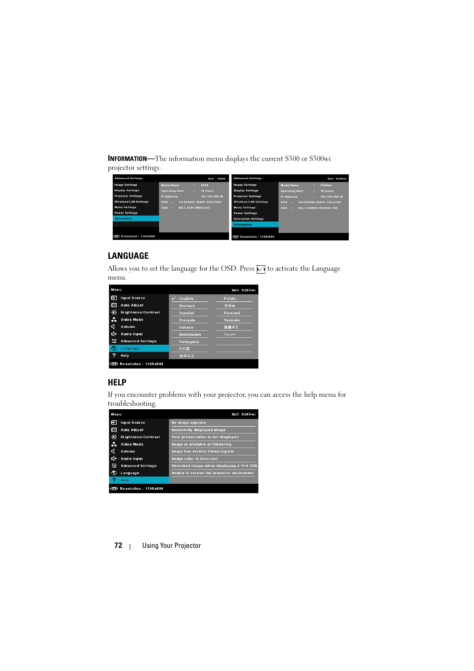 Language, Help | Dell S500 Projector User Manual | Page 72 / 132