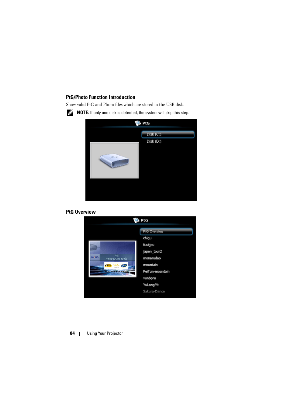 Ptg/photo function introduction, Ptg overview | Dell S500 Projector User Manual | Page 84 / 132
