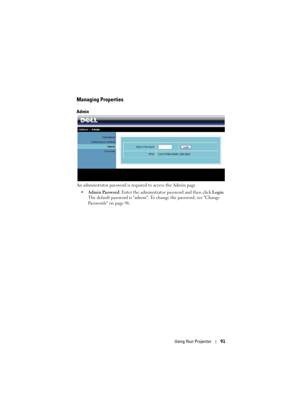 Managing properties, Admin | Dell S500 Projector User Manual | Page 91 / 132