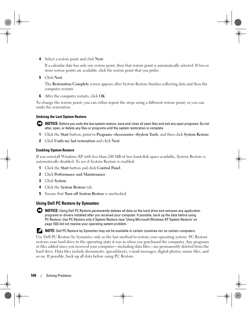 Using dell pc restore by symantec | Dell Inspiron 6400 User Manual | Page 104 / 186
