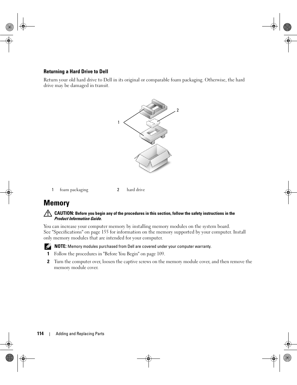 Returning a hard drive to dell, Memory | Dell Inspiron 6400 User Manual | Page 114 / 186