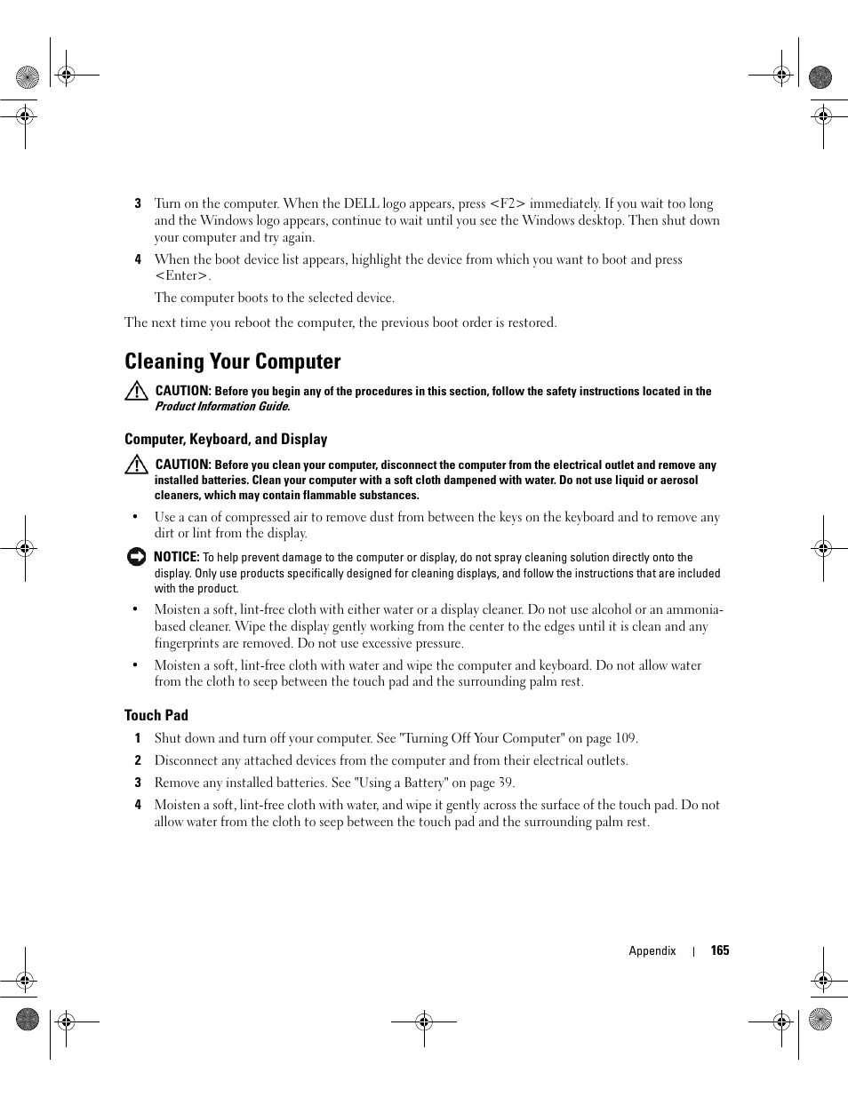 Cleaning your computer, Computer, keyboard, and display, Touch pad | Dell Inspiron 6400 User Manual | Page 165 / 186