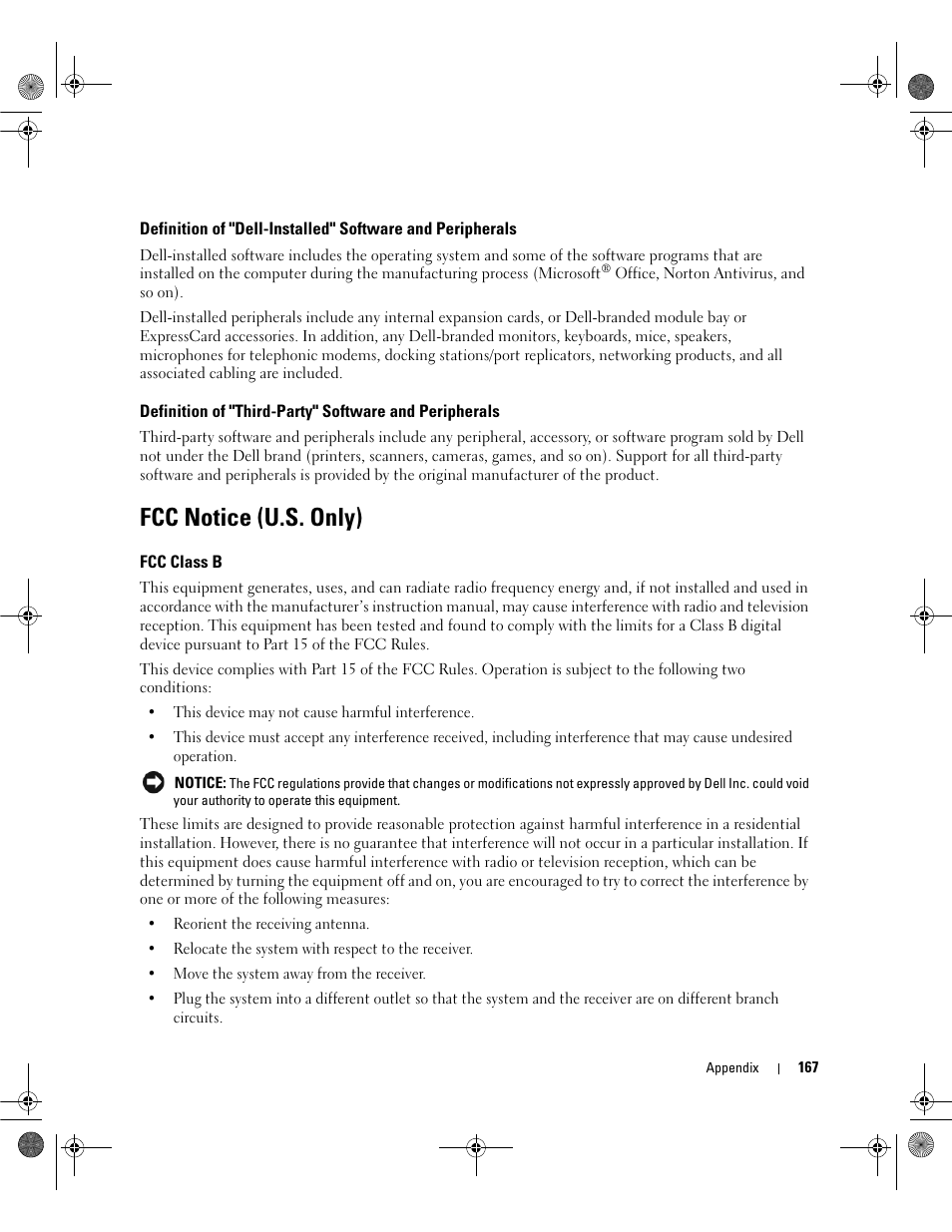 Fcc notice (u.s. only), Fcc class b | Dell Inspiron 6400 User Manual | Page 167 / 186
