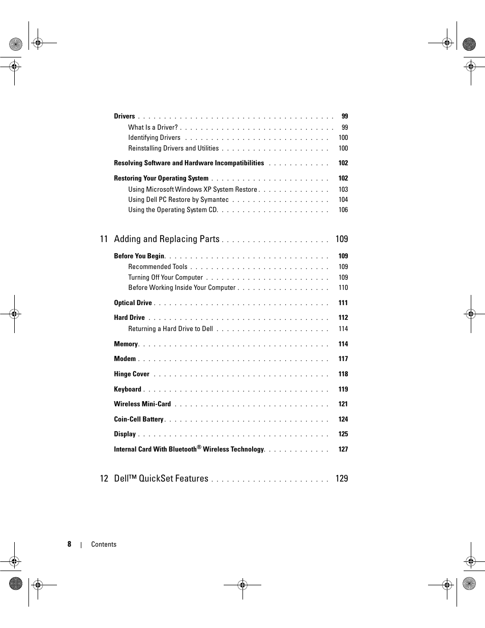 11 adding and replacing parts, 12 dell™ quickset features | Dell Inspiron 6400 User Manual | Page 8 / 186