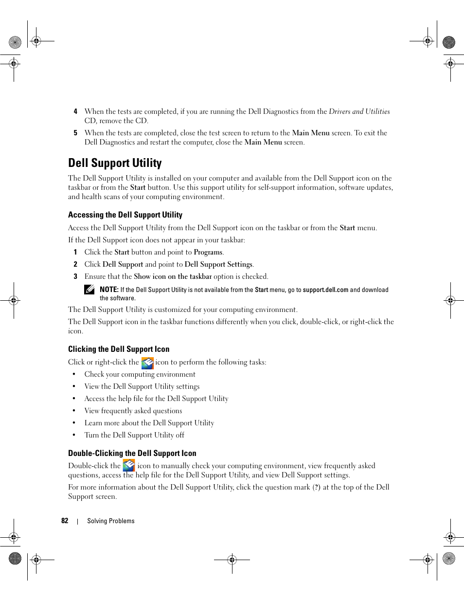 Dell support utility, Accessing the dell support utility, Clicking the dell support icon | Double-clicking the dell support icon | Dell Inspiron 6400 User Manual | Page 82 / 186