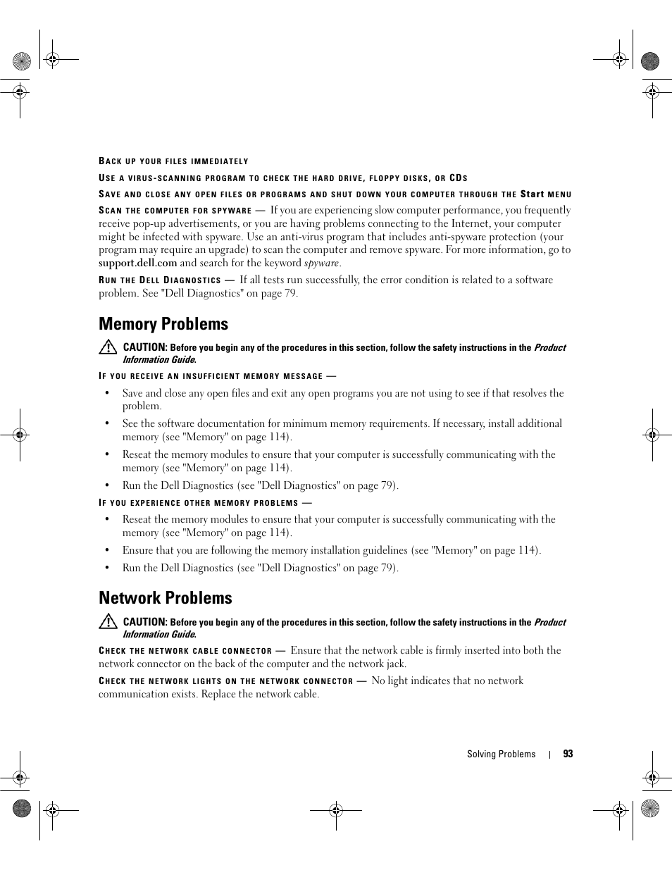 Memory problems, Network problems | Dell Inspiron 6400 User Manual | Page 93 / 186