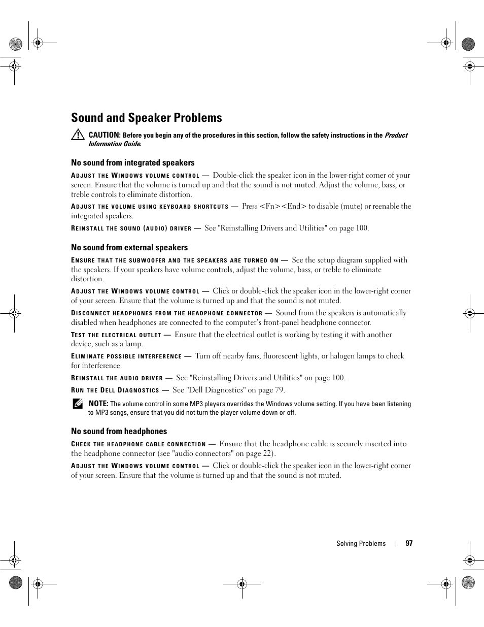 Sound and speaker problems, No sound from integrated speakers, No sound from external speakers | No sound from headphones | Dell Inspiron 6400 User Manual | Page 97 / 186