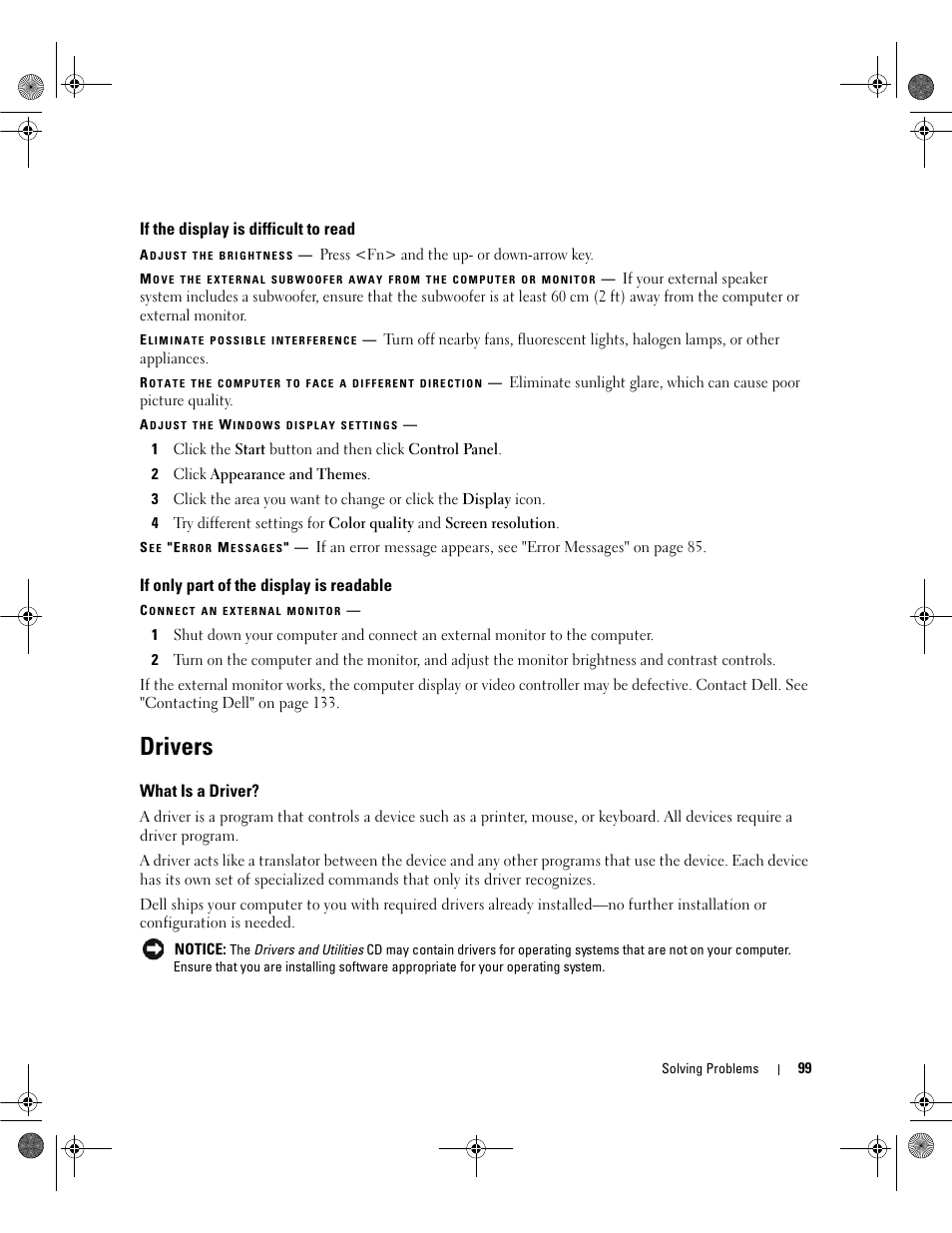 If the display is difficult to read, If only part of the display is readable, Drivers | What is a driver | Dell Inspiron 6400 User Manual | Page 99 / 186