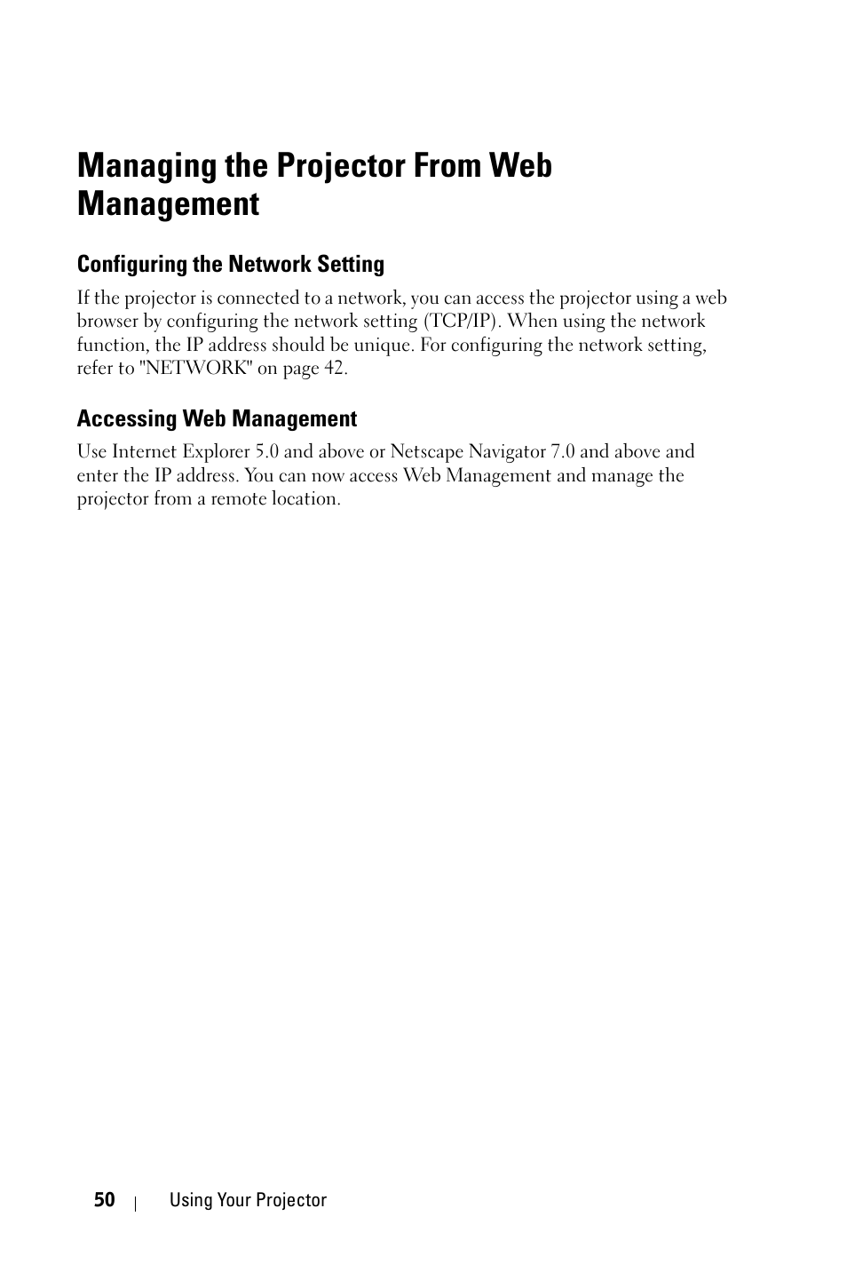 Managing the projector from web management, Configuring the network setting, Accessing web management | Dell 4310WX Projector User Manual | Page 50 / 82