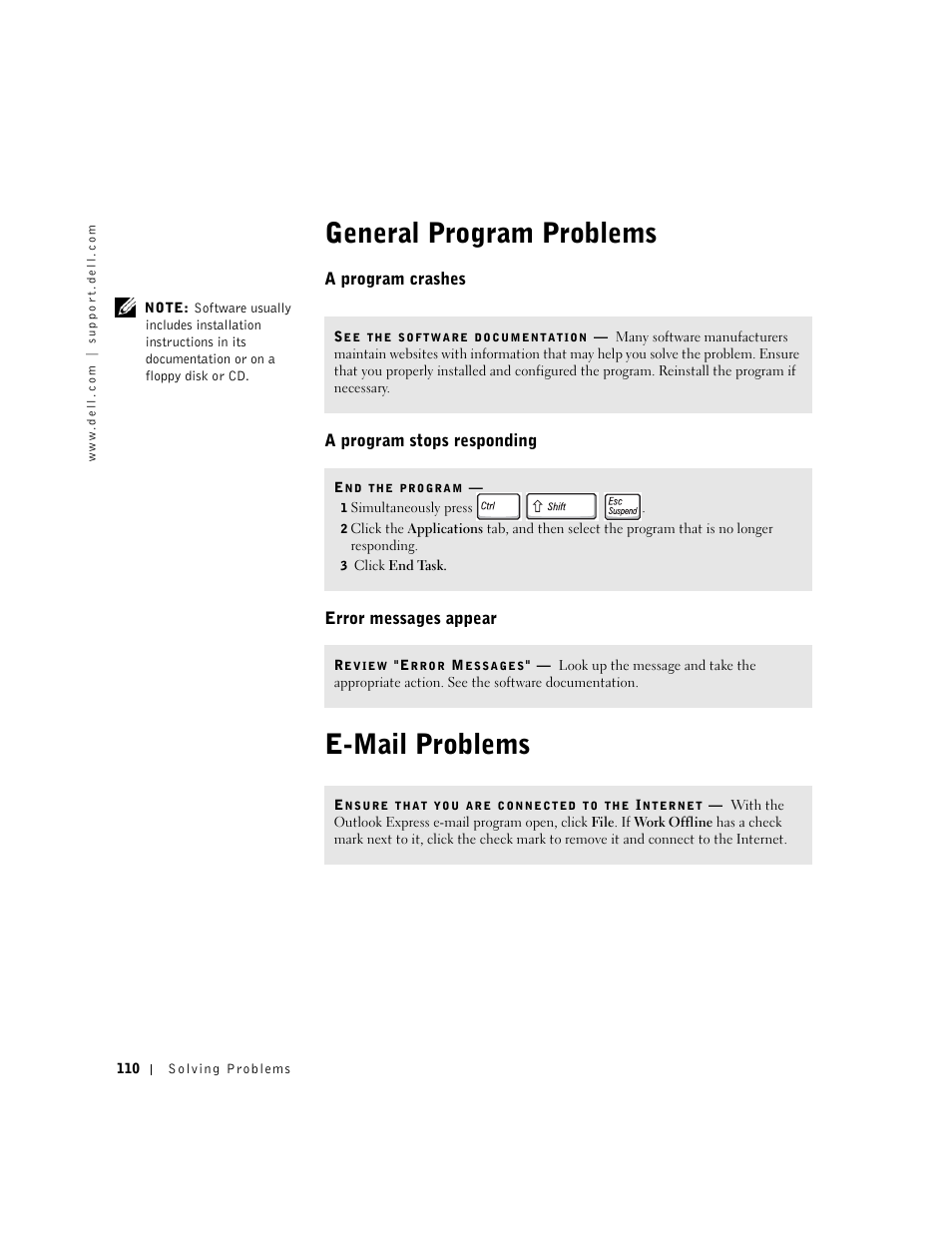 General program problems, A program crashes, A program stops responding | Error messages appear, E-mail problems, General program problems e-mail problems | Dell Inspiron 8500 User Manual | Page 110 / 186