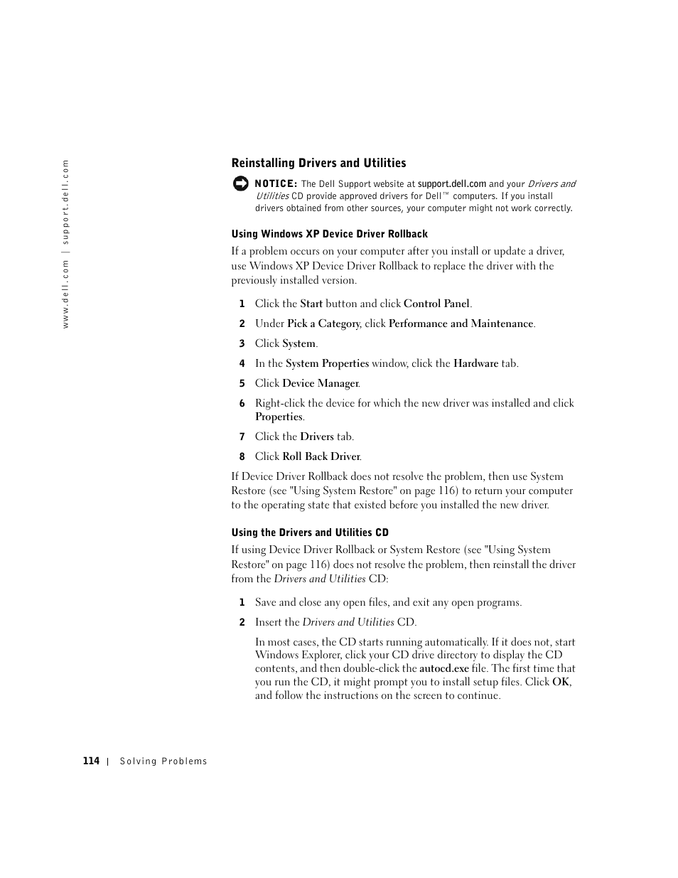 Reinstalling drivers and utilities | Dell Inspiron 8500 User Manual | Page 114 / 186